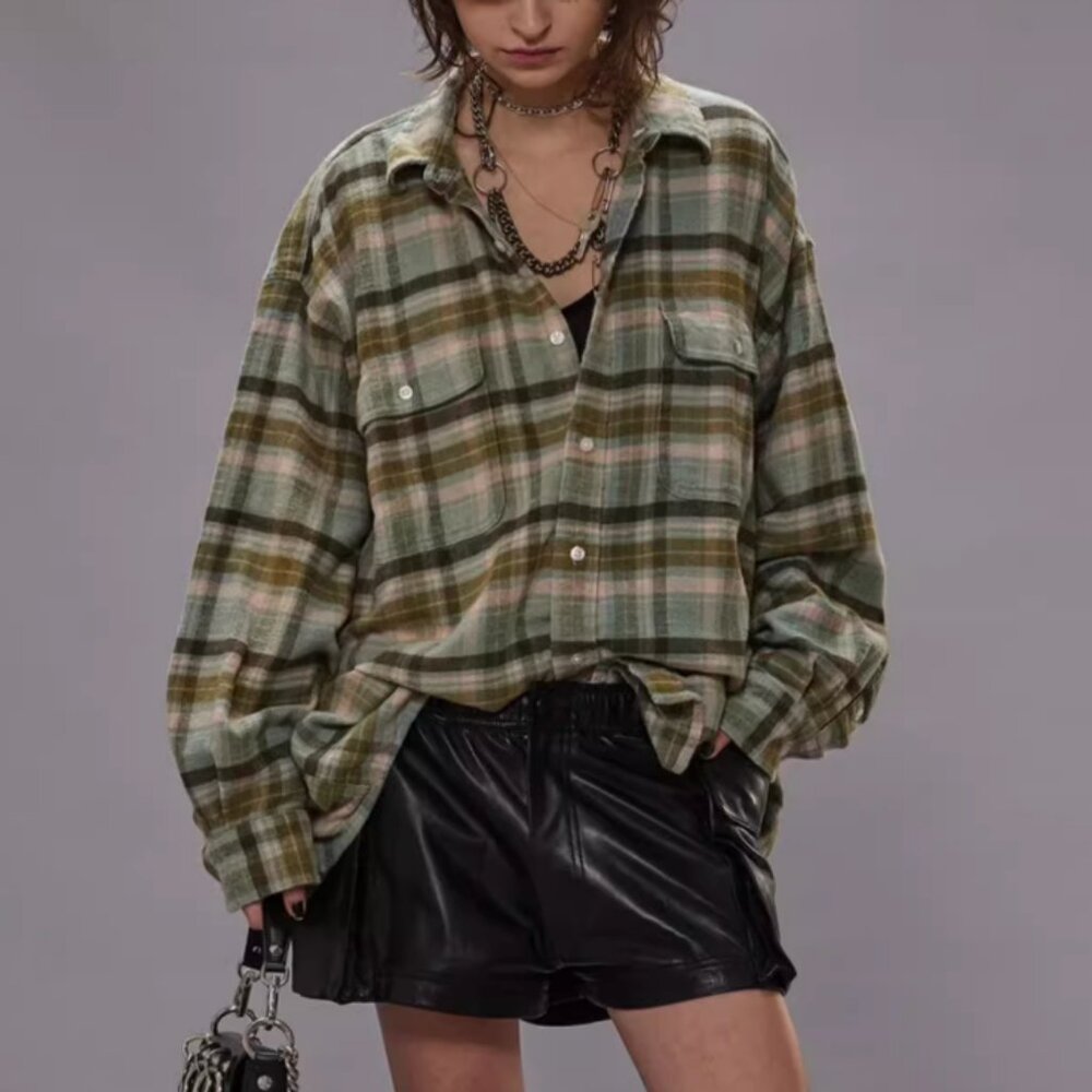 NWT R13 Boyfriend Shirt Turquoise Plaid Button Down Retro Causal Cotton